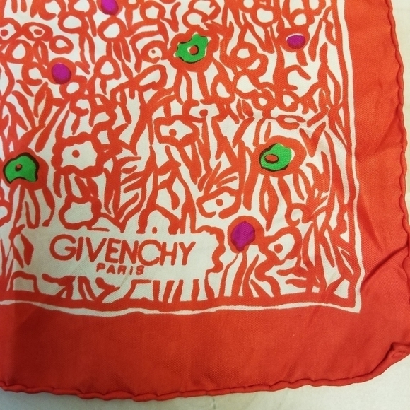 {26" X 26"} Vintage Givenchy Paris Scarf Abstract Orangy-Red Green Purple White - Picture 2 of 13